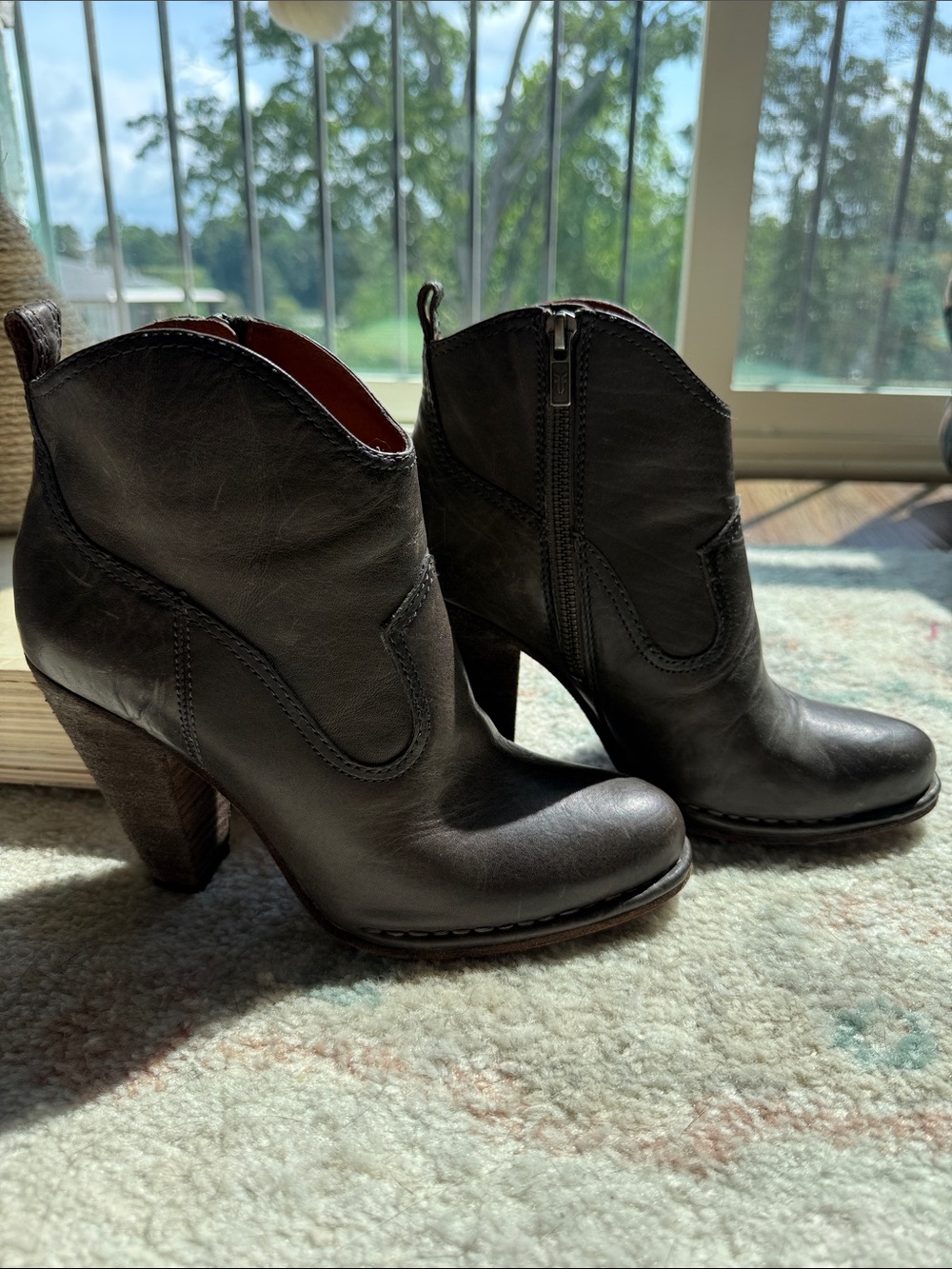 Frye Black Leather Ankle Booties with Stacked Heel
